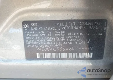 2008 BMW 328Xi from USA, damaged, VIN WBAVC935X8K056579